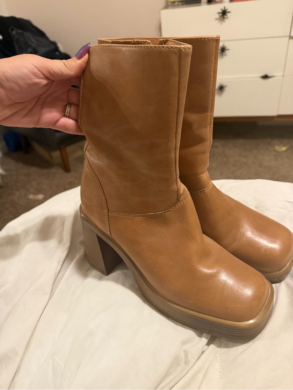 Steve Madden Cognac Platform Mid-Calf Block Heel Boots